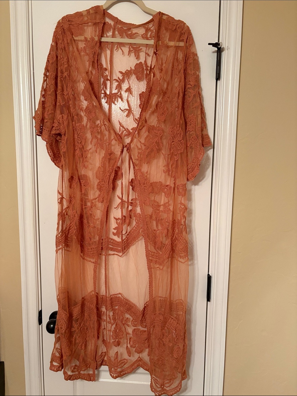 Sheer Lace Kimono Robe - Terracotta